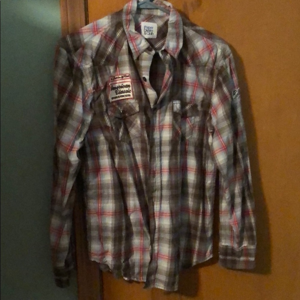 Paper denim and cloth plaid shirt with patches